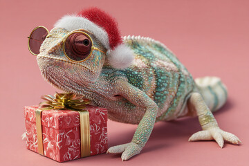 Festive chameleon wearing sunglasses and a Santa hat next to a gift