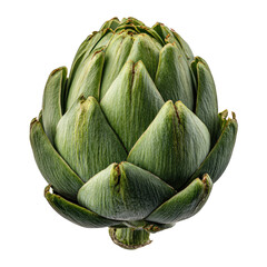 Naklejka premium Close-up of a fresh artichoke head. Green, textured leaves tightly clustered. Dark background isolates the vegetable