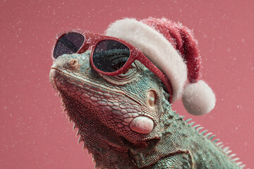 Cool iguana wearing sunglasses and Santa hat snowy background