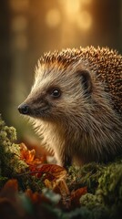 Fototapeta premium Hedgehog foraging in a sunlit forest