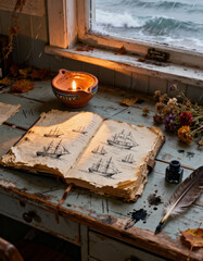 A desk with open book of ship drawings, candle, ink, quill, flowers, and stormy sea visible through window