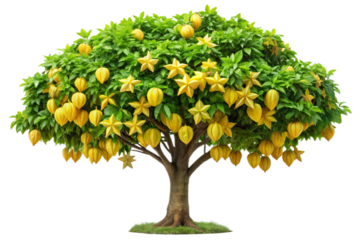 A lush starfruit tree heavily laden with ripe yellow and orange starfruit isolated against a isolated on transparent background