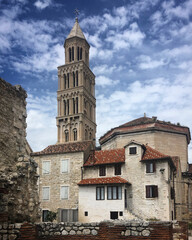 Bell tower of the Cathedral of Saint Domnius under a blue sky, Split, Croatia, May 2019