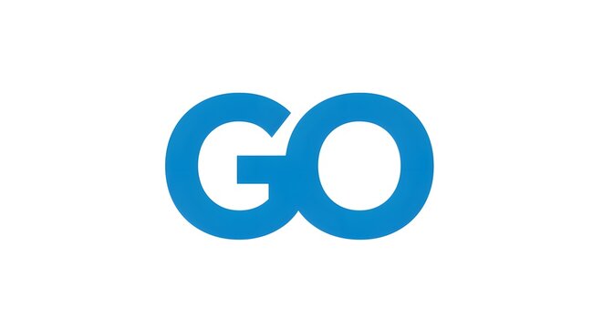 Bold blue typographic design of the word 'GO', effectively communicating concepts of momentum, beginning, and energetic progress, presented on a simple white background for clear visual impact