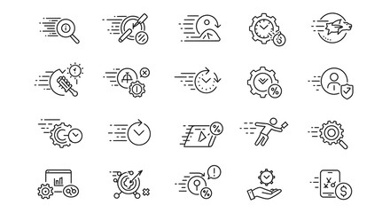 Collection of icons depicting concepts of speed, efficiency, time management, and progress in business and technology