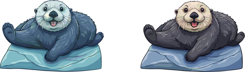 Cartoon sea otters, playful pose, animal illustration, vector art, marine wildlife, cute creatures, icy rocks, tongue out, relaxed mood, character design, ocean mammals,