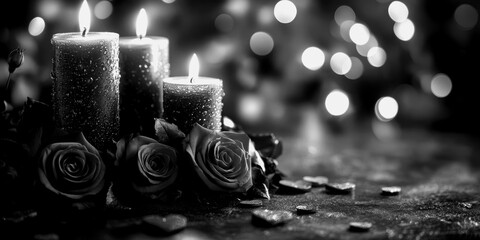 Candlelight glows on roses and hearts in a cozy setting