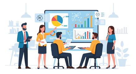 Business intelligence team meeting analyzing data analytics dashboard with charts and graphs presentation