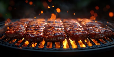 Grilling delicious marinated steaks on an outdoor barbecue during a summer evening cookout