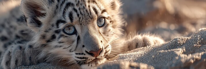 Snow leopard cub resting on sandy ground in soft sunlight during late afternoon