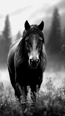 Horse walking through misty field at dawn in black and white