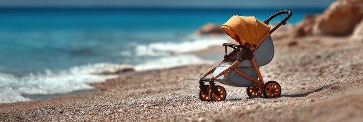Stroller on sandy beach near gentle waves under clear blue sky during sunny afternoon