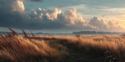 Golden grass field under dramatic clouds at sunset near a serene landscape