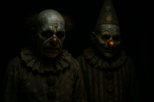 Creepy animatronic clowns with decayed costumes and eerie expressions standing in a dark circus setting, haunting horror clown concept
