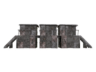Post apocalyptic shanty town shelters built from sheets of scrap metal and wood. Isolated 3D rendered illustration.