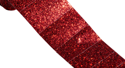 Extreme macro shot of vibrant ruby red glitter tape unfurling, with a section peeling, on a transparent background, dramatic raking light highlights iridescent shimmer. Concept of dynamic microscopic