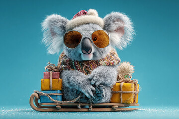 Cool Koala in Winter Hat Sunglasses on Sleigh with Gifts
