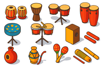 World Percussion Instruments. Isometric vector illustration set World Percussion: tabla, djembe, bongos, congas, steel drum,