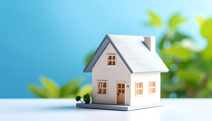 Miniature house on a table, surrounded by greenery