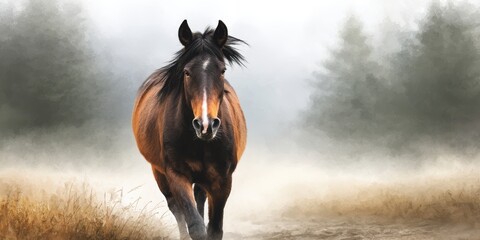 Horse walking through a foggy pasture near a forest on a tranquil morning