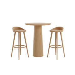 Modern round wooden bar table with two minimalist stools adds warmth and style to any contemporary kitchen, bar, or dining area design, perfect for casual entertaining