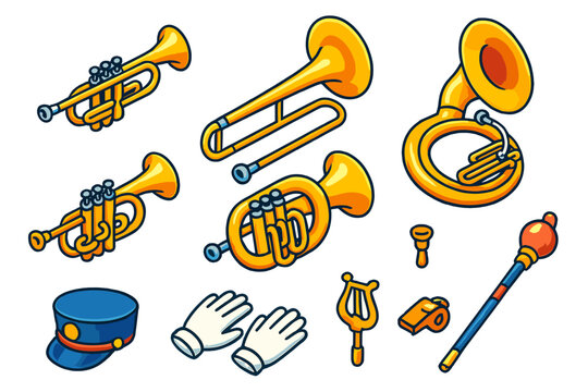 Marching Brass Instruments. Isometric vector illustration set Marching Brass: trumpet, trombone, sousaphone, mellophone, euphonium