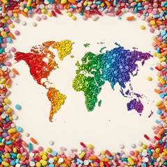 Fototapeta premium Pharmaceutical world map design; concept of global healthcare with continents shaped from colorful pills, tablets, capsules on a pastel background. Medical, pharmaceutical, editorial/ corporate use