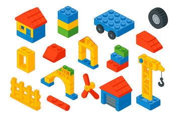 Fototapeta premium Isometric Construction Toys. Isometric vector illustration set Construction Toys: lego-style house, tower build, toy car base,