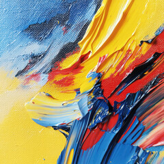 Close up of vibrant paint strokes on textured canvas art
