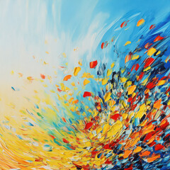 Abstract painting with yellow, orange, red, and blue colors