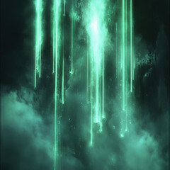 Glowing green streaks descending through a cloudy atmosphere