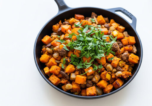 AIP Roasted Pumpkin and Sweet Potato Hash with Fresh Parsley &ndash; Grain-Free Anti-Inflammatory Breakfast Skillet on White Background