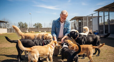 Elderly man volunteering at animal shelter