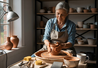Senior woman shaping clay pottery 