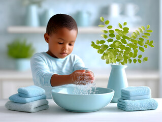 Child carefully washing hands with soap under running water, promoting personal hygiene and cleanliness in bright, sanitized bathroom environment