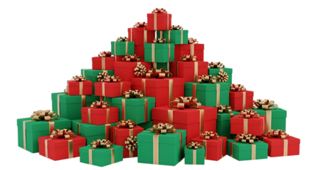 A large stack of christmas presents isolated on transparent background, wrapped in red and green
