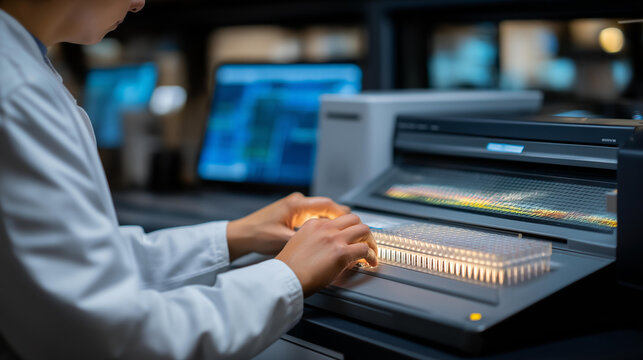 A technician runs a qPCR in a molecular lab with thermal cyclers heating fluorescence detectors beeping sample tubes in racks and data curves plotting shown in a precise photo