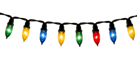 String of colorful christmas lights isolated on transparent background for holiday decoration