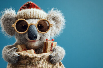 Festive koala wearing a winter hat and sunglasses holding gifts in a burlap sack against a blue background
