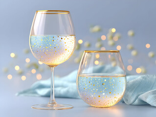 Elegant wine glasses reflecting rainbow hues, liquid-filled vessels gleaming with colorful light, creating a dreamy and surreal atmosphere and visual fluorescent effect