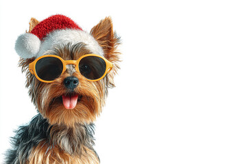 A cute Yorkshire Terrier wearing a Santa hat and sunglasses
