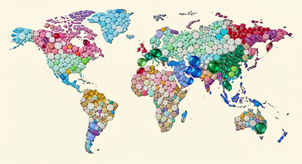 Fototapeta premium Global healthcare and pharma illustration; world map composed of pills, capsules, and supplements; Symbolic design representing international pharmaceutical reach and modern medical concepts