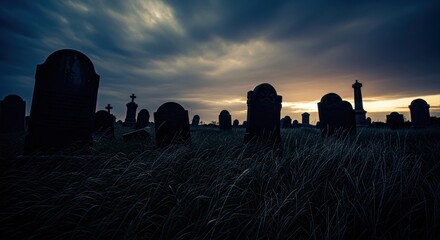 spooky cemetery with silhouetted tombstones against dramatic sunset sky. eerie graveyard with overgrown grass. halloween horror and gothic concept.