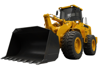 Bright yellow wheel loader's front, massive black and yellow bucket, rugged tires, gleaming hydraulic cylinders on transparent, studio lit, concept of industrial might