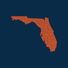 Florida map. Orange Florida map with counties. Vector isolated illustration.