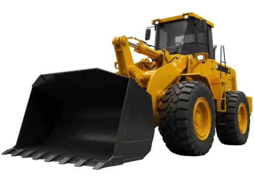Bright yellow wheel loader's front, massive black and yellow bucket, rugged tires, gleaming hydraulic cylinders on transparent, studio lit, concept of industrial might