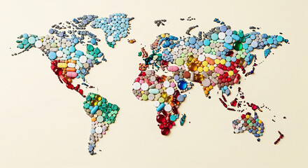 Obraz premium Colorful pharma world map; global pharmaceutical industry with continents made of vivid pills, capsules, tablets. High-resolution medical & healthcare themed illustration for editorial & corporate use