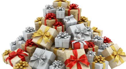 Pile of christmas presents wrapped in gold, silver and red isolated on transparent background