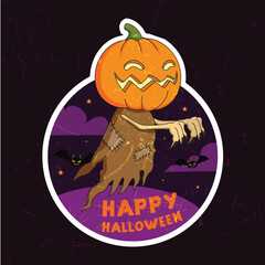 Spooky Pumpkin Head Cartoon Sticker with Happy Halloween Text
