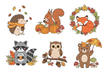 Autumn Critter Scenes Vector Set – Hand Drawn Doodle Style Hedgehog, Squirrel, Fox, Raccoon, Owl, and Bear with Leaves, Acorns, and Fall Forest Vibes